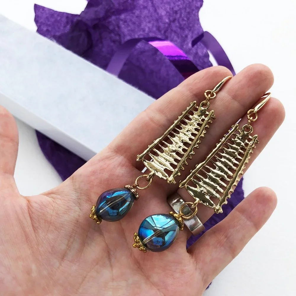 Long party earrings for women, glass bead drop dangle earrings gold handmade